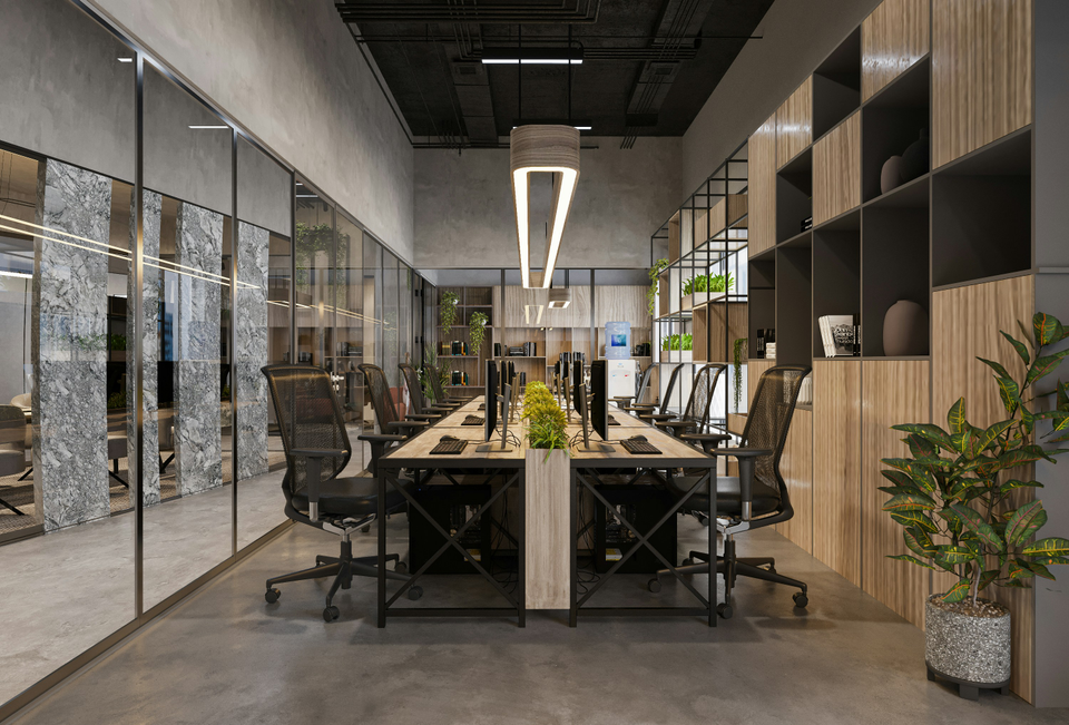 Open-plan workspace with architectural lighting
